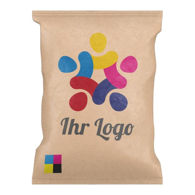KERNenergie Nussmischung im Flowpack 50 g mit Logo – Beispiel Kraftpapier mehrfarbig