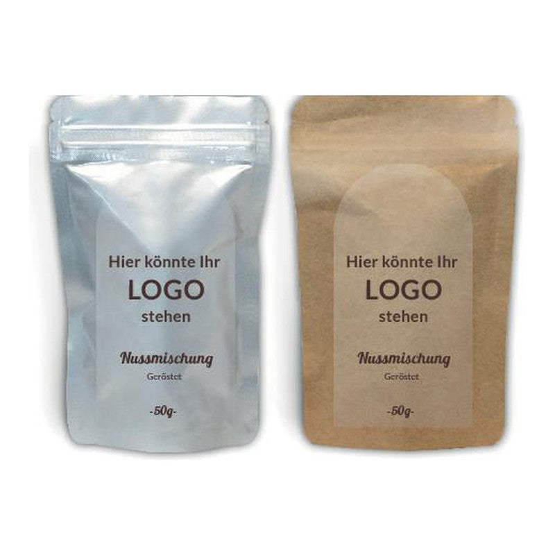KERNenergie Standbodenbeutel 50 g mit eigenem Etikett – Beispiel mit Platzhalter für Dein Logo