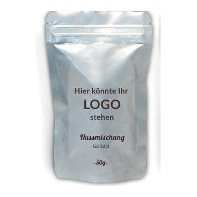 KERNenergie Standbodenbeutel 50 g mit eigenem Etikett – Beispiel Alu