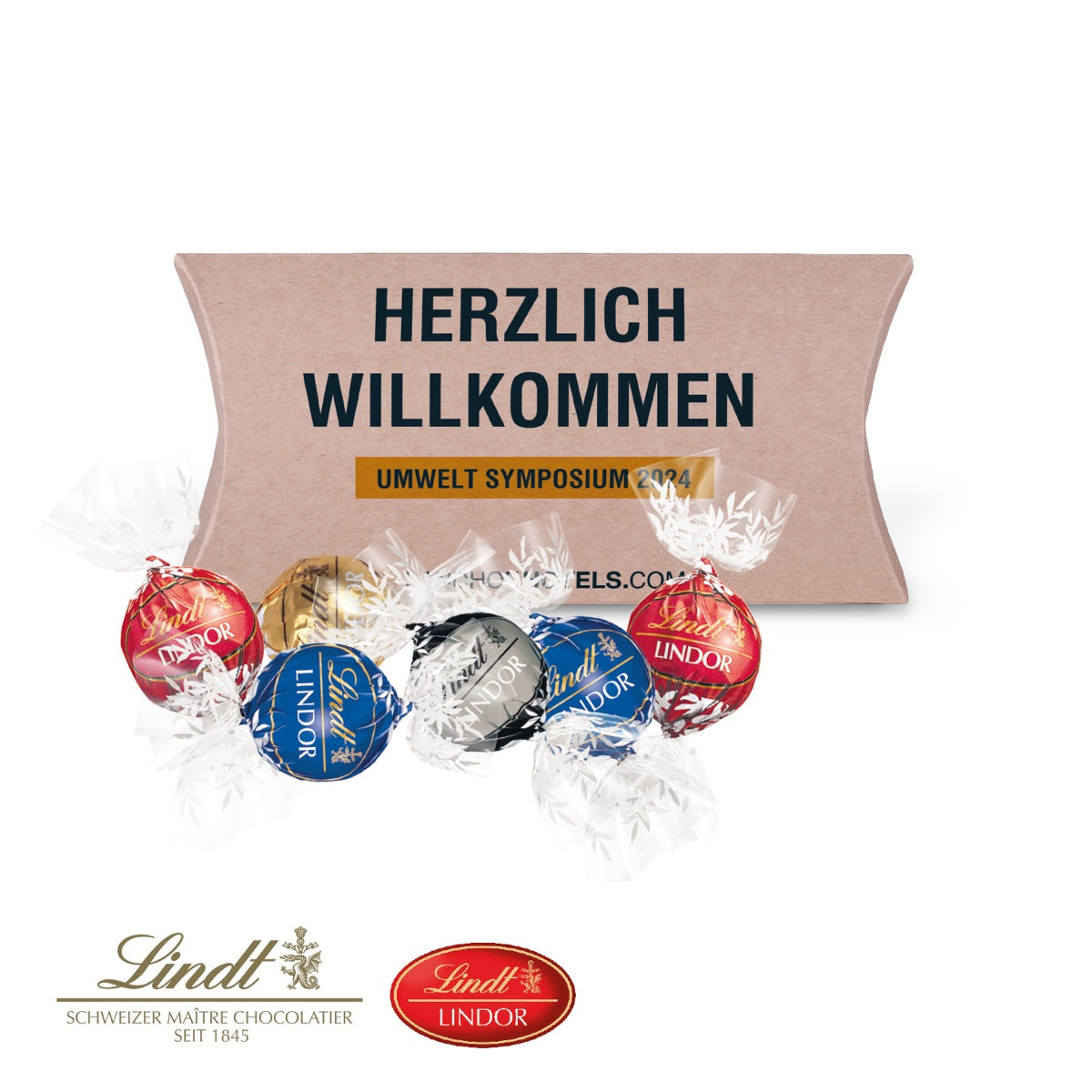 Kissenförmige Werbeverpackung aus Karton mit vollflächigem Druck