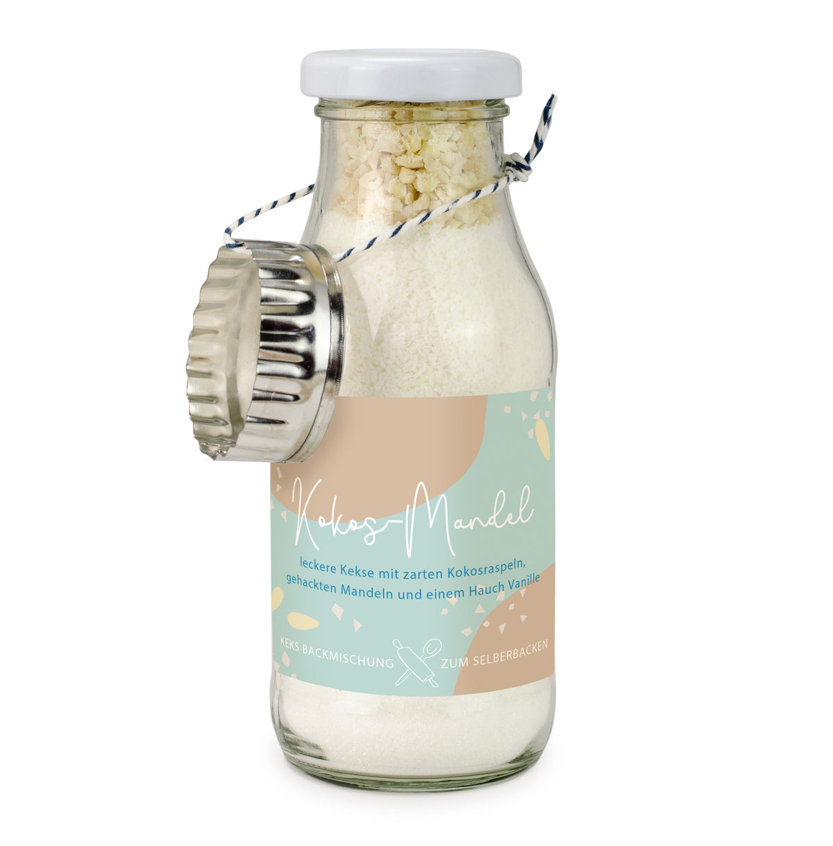 Kokos Mandel Backmischung in kleiner Flasche 170 g mit Logo – Beispielmotiv