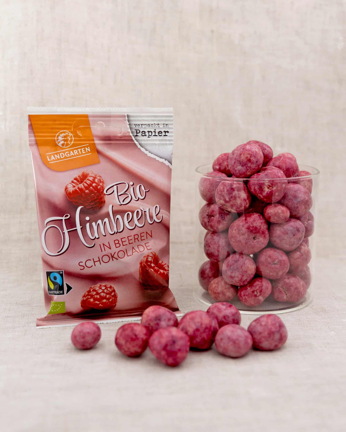 LANDGARTEN Bio Himbeere in Beeren Schokolade 50 g mit Logo Button