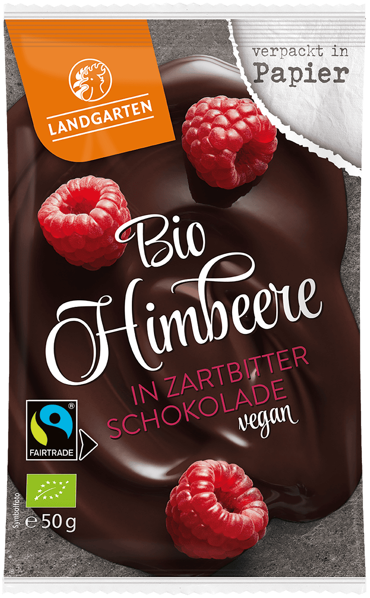 LANDGARTEN Bio Himbeere in Zartbitter Schokolade 50 g mit Logo