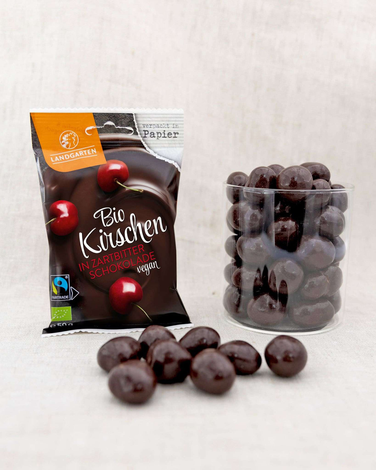 LANDGARTEN Bio Kirsche in Zartbitter Schokolade 50 g mit Logo