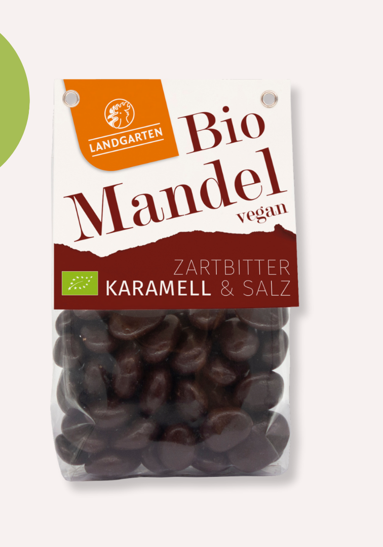 LANDGARTEN Bio Mandeln in Zartbitter Karamell 170 g mit Logo