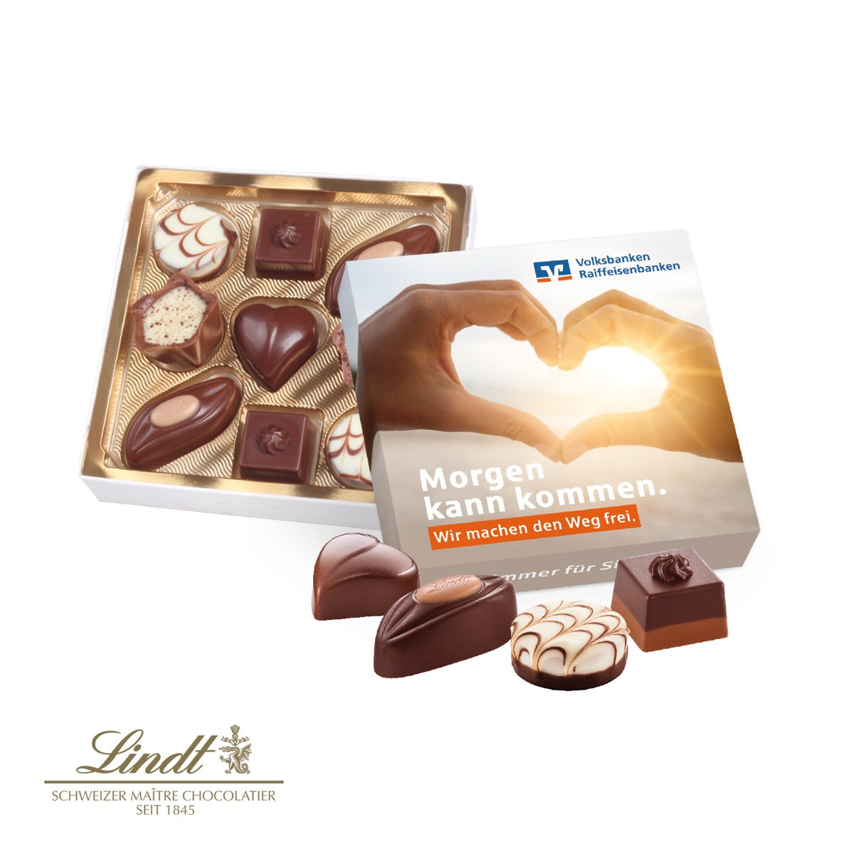 Quadratische Pralinenbox mit individuell bedrucktem Deckel