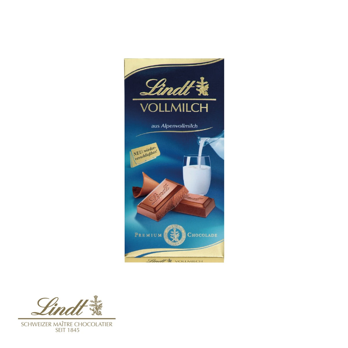Vollmilch Schokoladentafel von Lindt in der geöffneten Kartonage