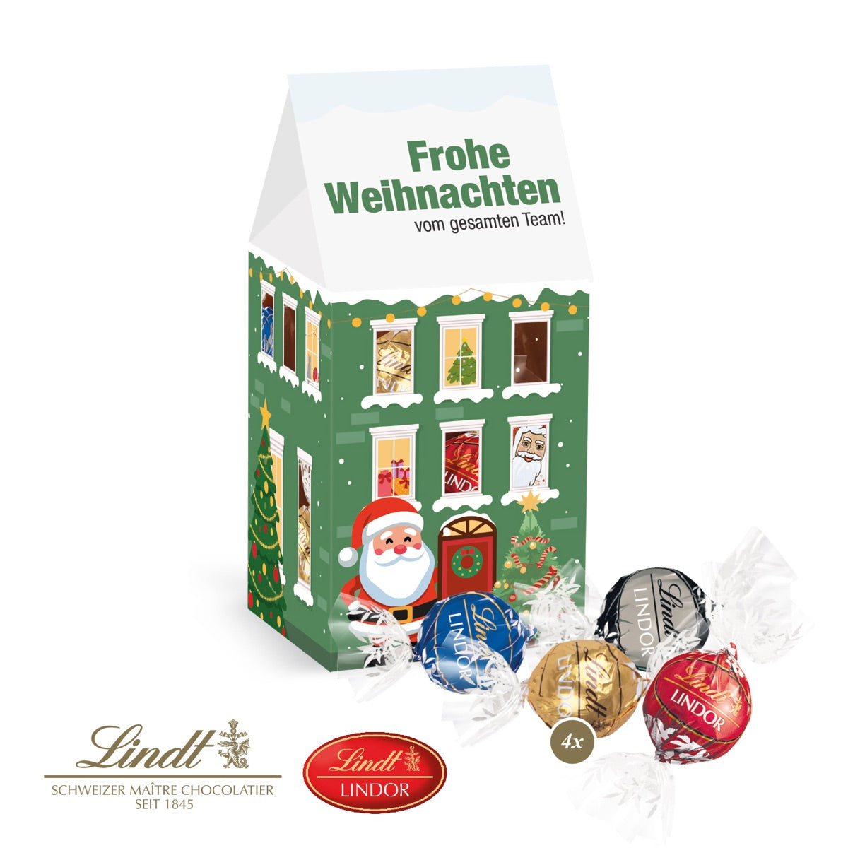 Präsentverpackung in Hausform mit ausgestanzten Fenstern und Werbedruck