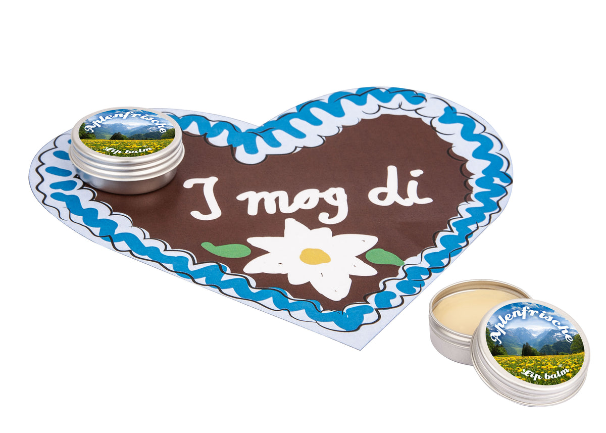 Lippenbalsam im Alu Döschen auf Karte in zwei Formen – Herzform