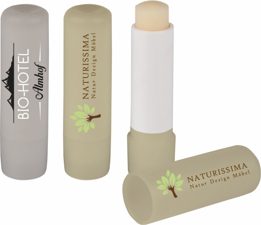 Lippenpflegestift in Weiß, Sand oder Schwarz mit Logo