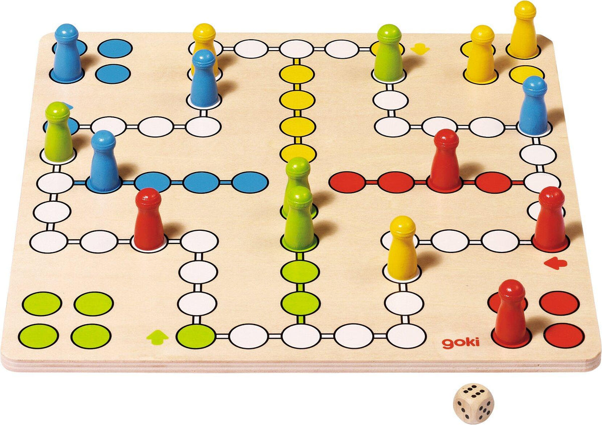 Ludo Brettspiel aus Holz in vier Farben, 28 cm – Ansicht