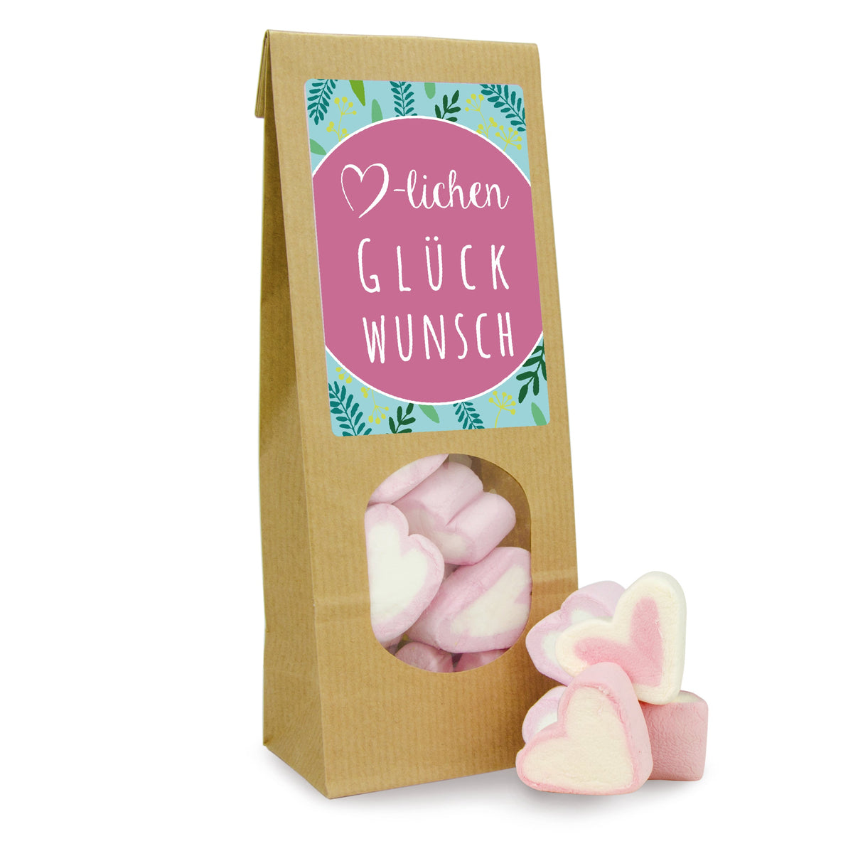 Marshmallow Herzen Erdbeere im Papierbeutel 60 g mit Logo – Beispielmotiv