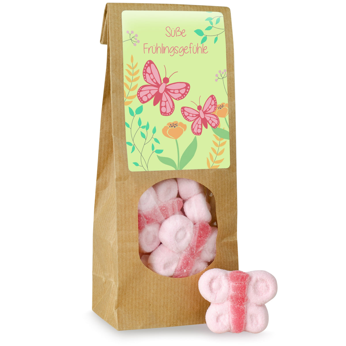 Marshmallow Schmetterlinge im Papierbeutel 80 g mit Logo – Beispielmotiv