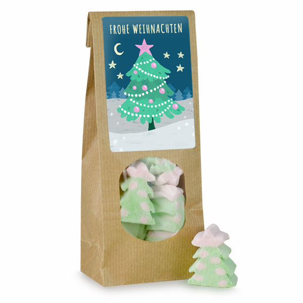 Marshmallow Tannenbäume im Papierbeutel 60 g mit Logo – Beispielmotiv