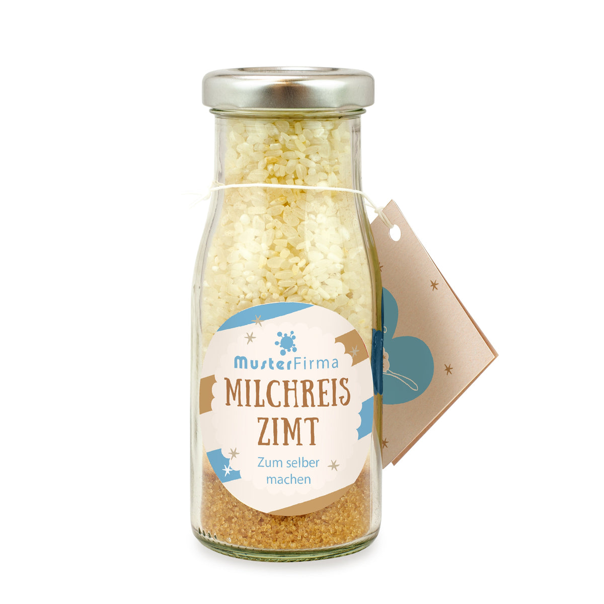 Milchreis Zimt Mischung in der Glasflasche 125 g mit Logo – Beispielmotiv