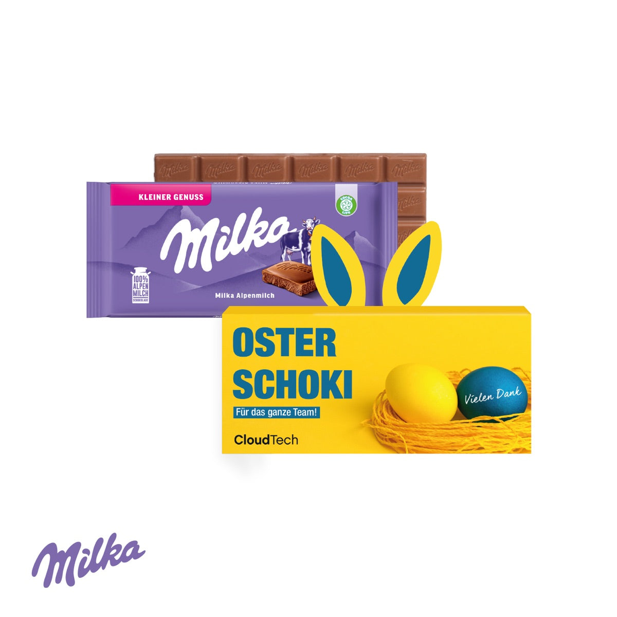 Osterverpackung für eine Schokoladentafel mit ausklappbaren Hasenohren und Werbemotiv
