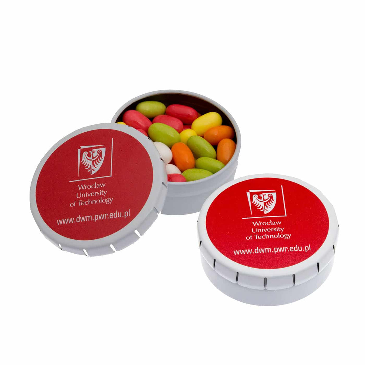 Mini Metalldose rund mit Frucht und Minzdragees, Vorderseite