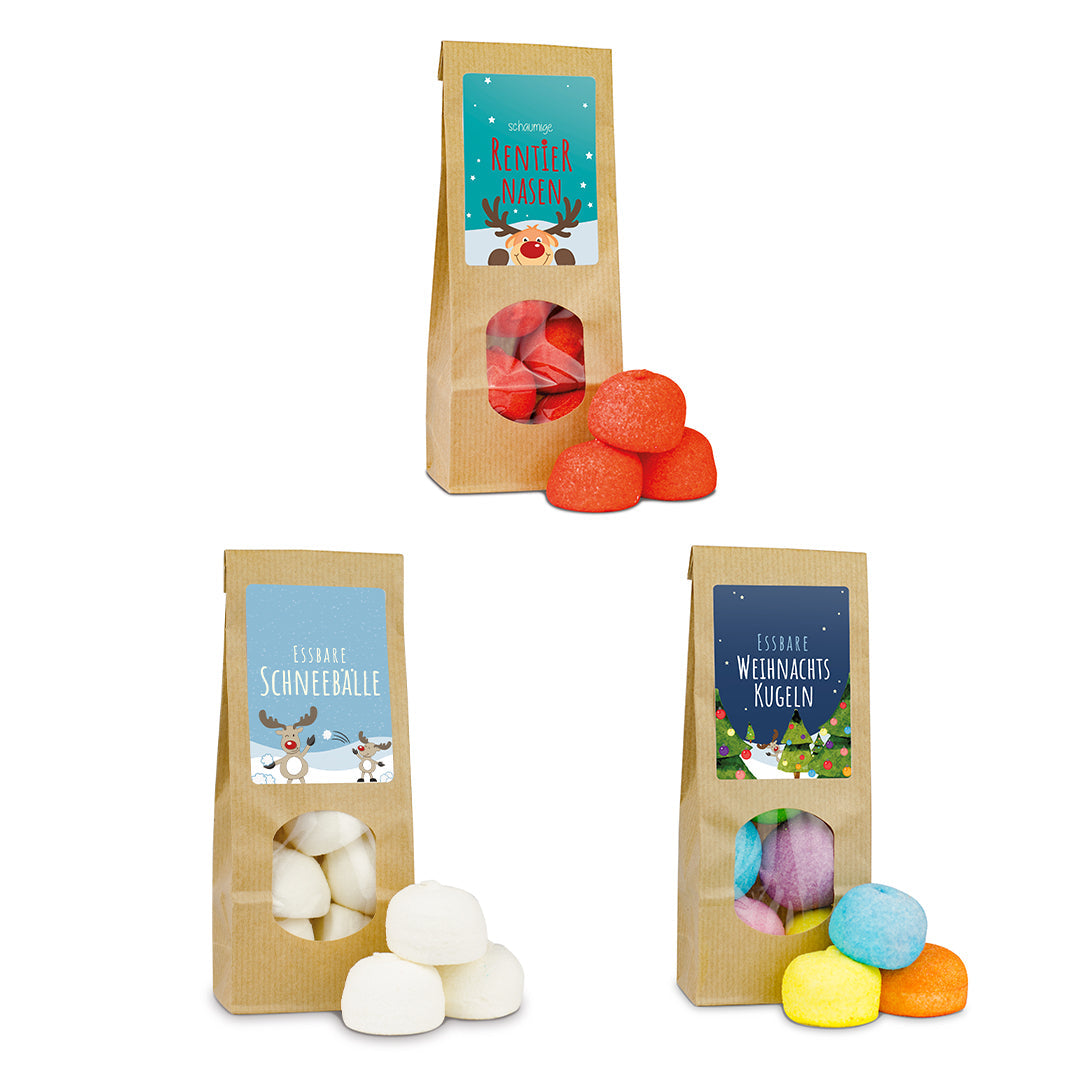 Mini Papiertüte Marshmallow Kugeln Winter 45 g mit Logo – Beispielmotiv