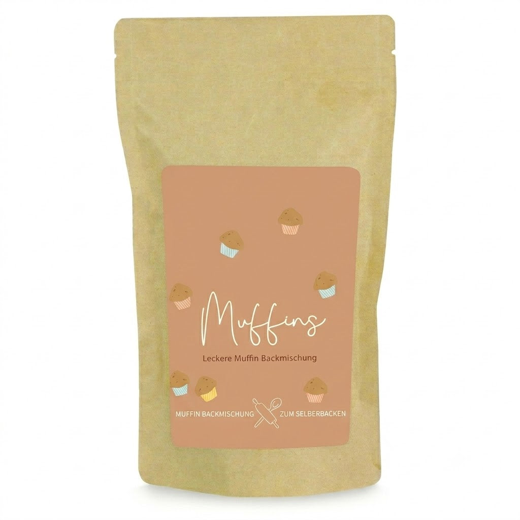 Muffin Backmischung im Stehbeutel 300 g mit Logo – Beispielmotiv