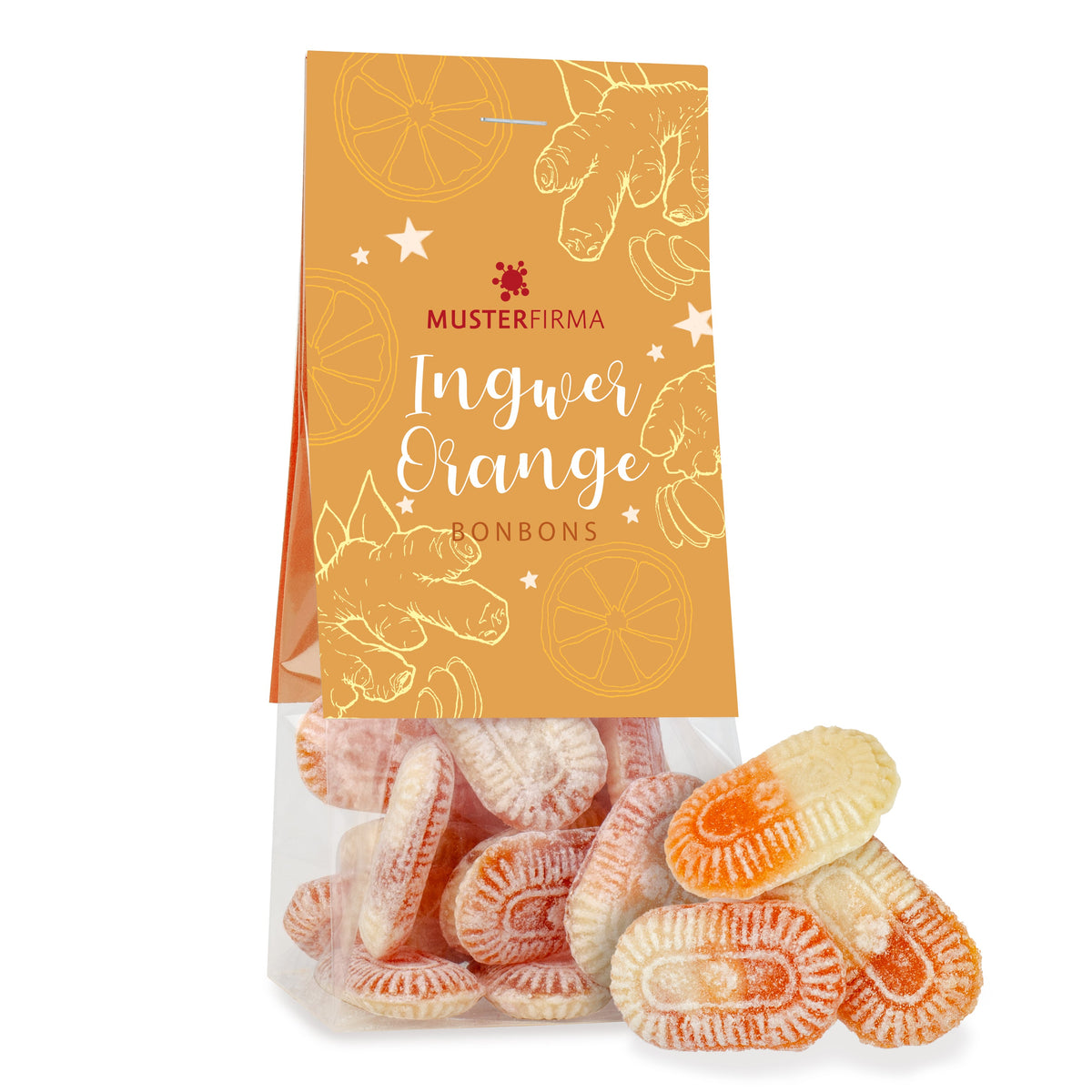 Orange Ingwer Bonbons im Tütchen 50 g mit Logo – Beispielmotiv