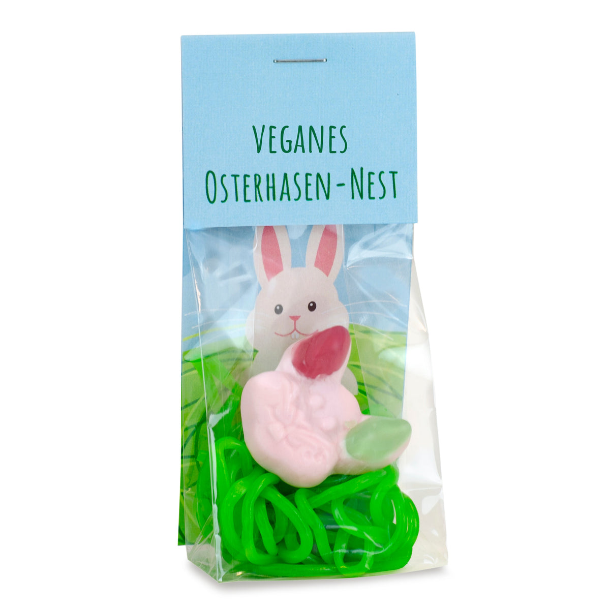 Osternest Tütchen 25 g mit Fruchtgummi Hase und Logo – Beispielmotiv