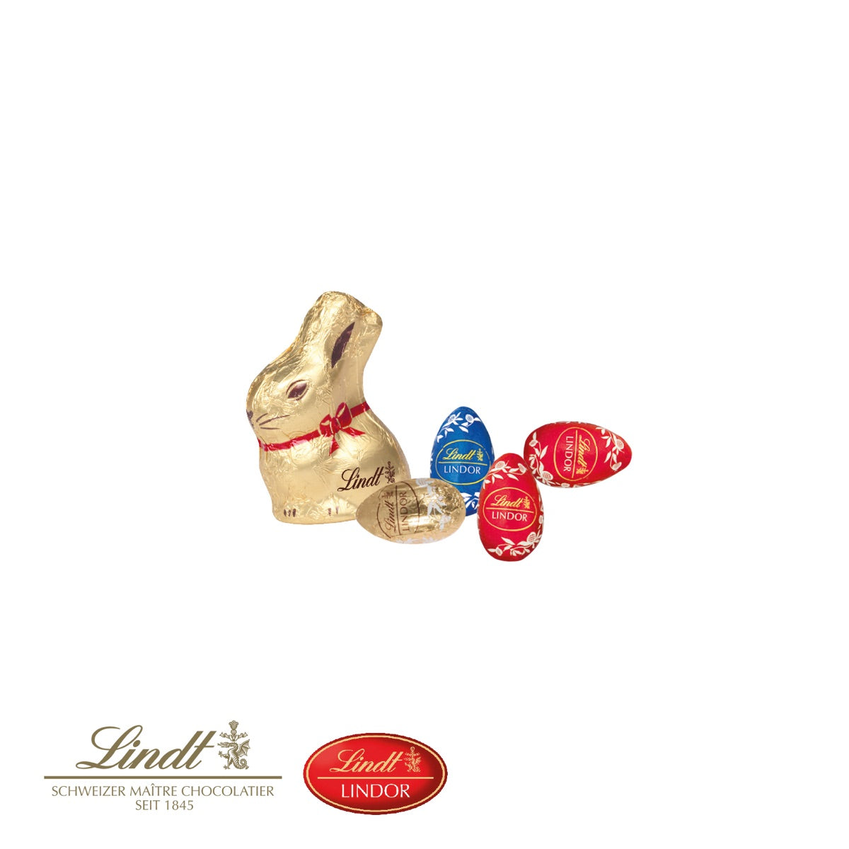 Vier Lindt Ostereier und ein Goldhase als Füllung der Selection Mini
