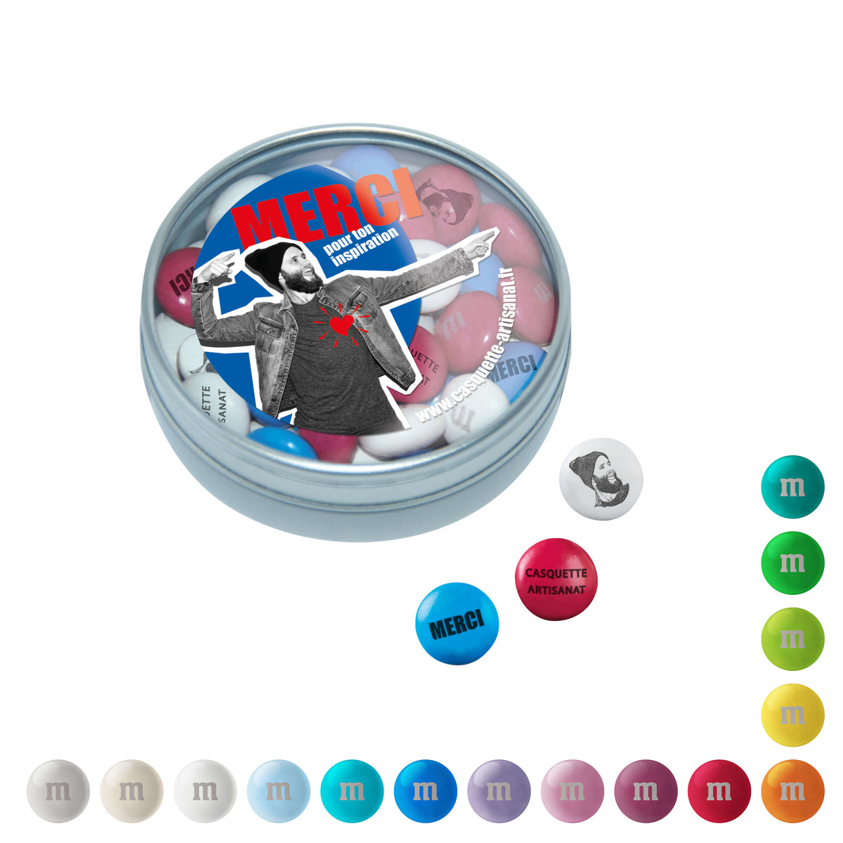 Silberfarbene Metalldose mit Sichtfenster und personalisierten M&M’S