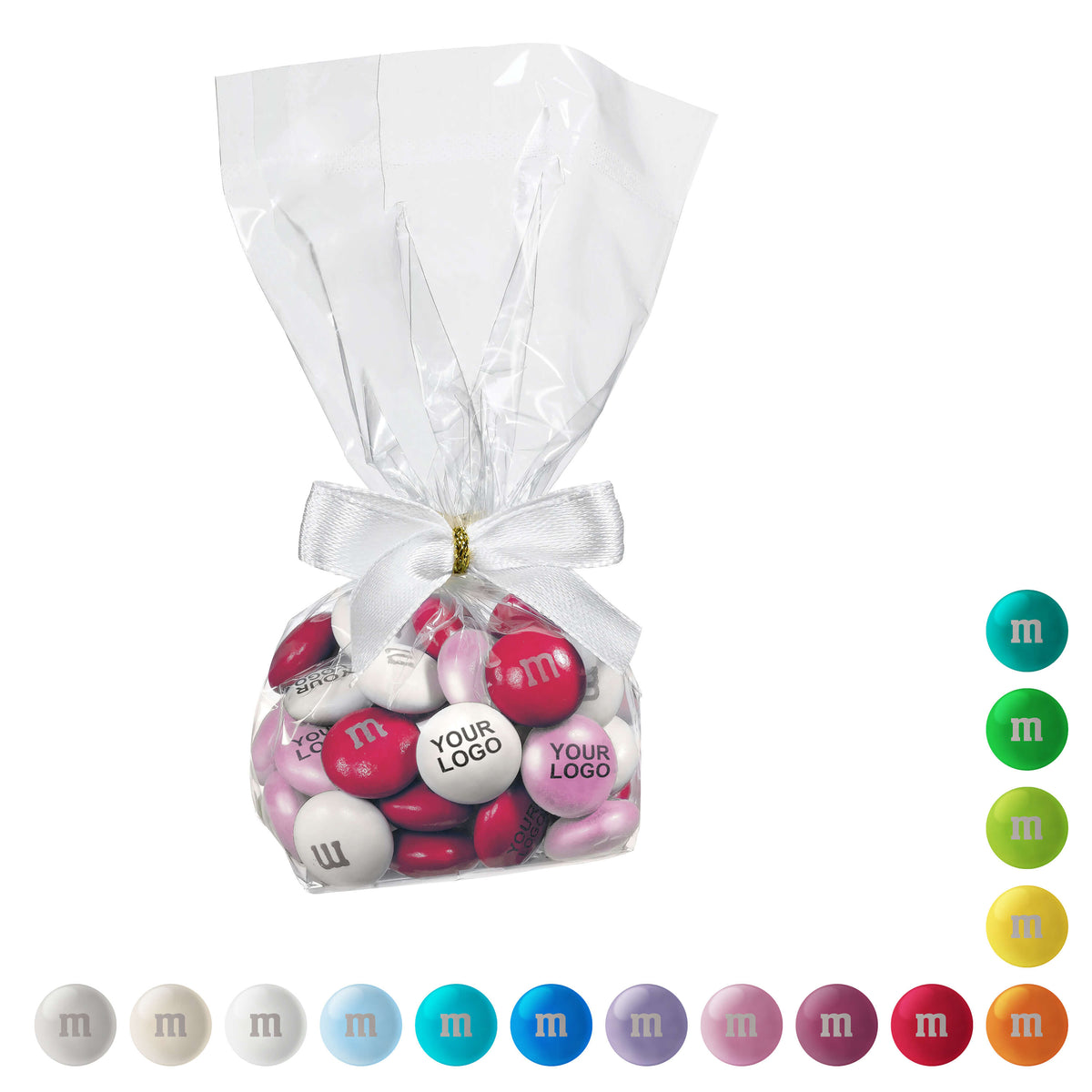 Glasklares Tütchen mit Schleife voller personalisierter M&M’S