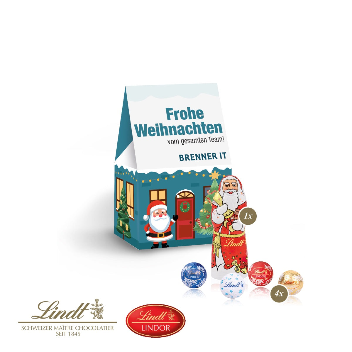 Schmale Präsentverpackung mit Weihnachtsmotiv und Firmenlogo