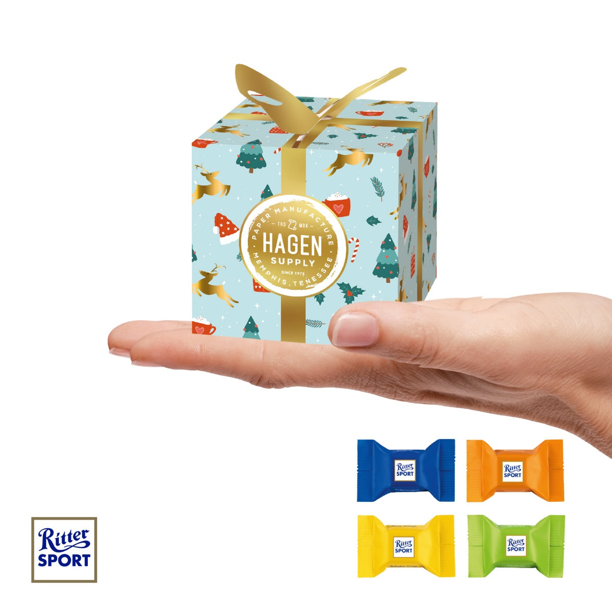 Weihnachtspräsent in Geschenkform mit Kartonschleife und Werbemotiv bedruckt