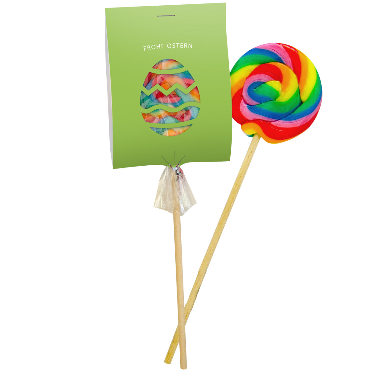 Regenbogenlolli mit Stanzkarte 50 g mit Logo – Beispielmotiv