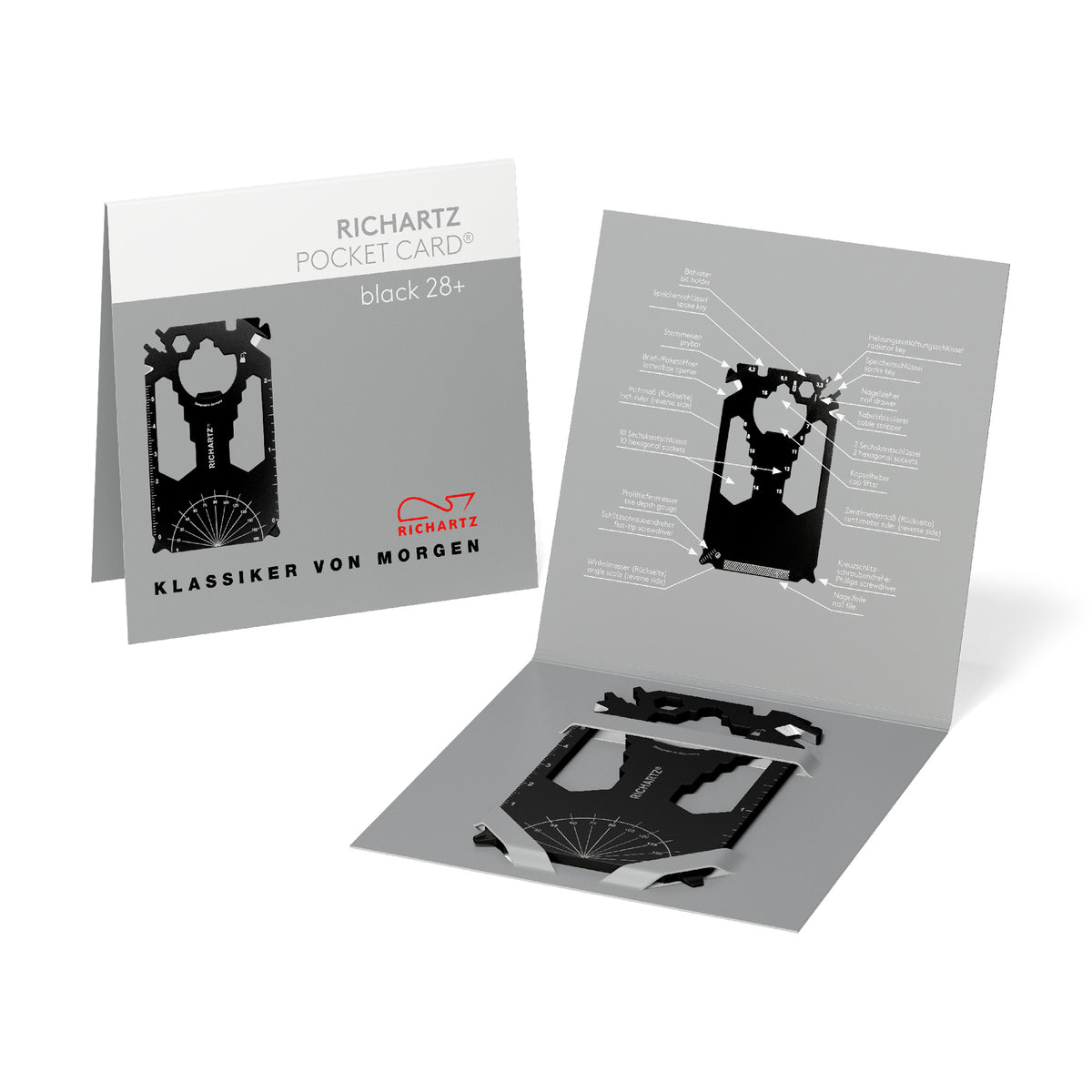 RICHARTZ POCKET CARD black 28+ Multitool im Kartenformat – Verpackung