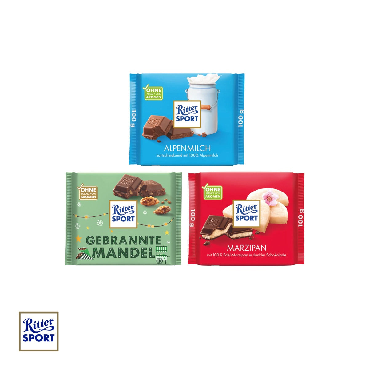 Ritter SPORT Tafel mit Werbebanderole und sichtbarer Originalverpackung