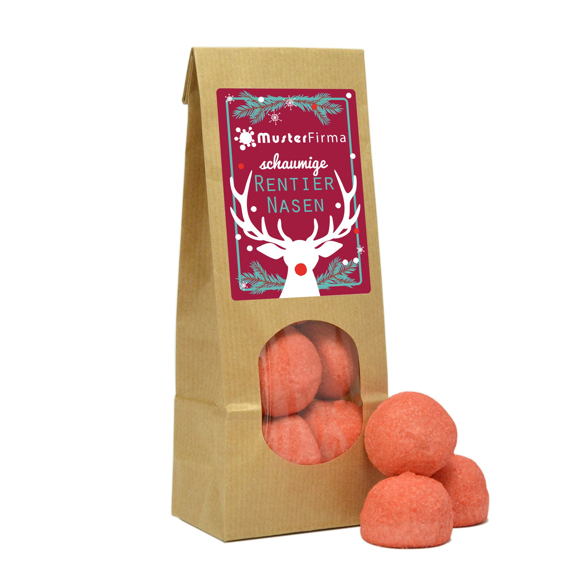 Rote Marshmallow Kugeln Erdbeere im Papierbeutel 80 g – Beispielmotiv