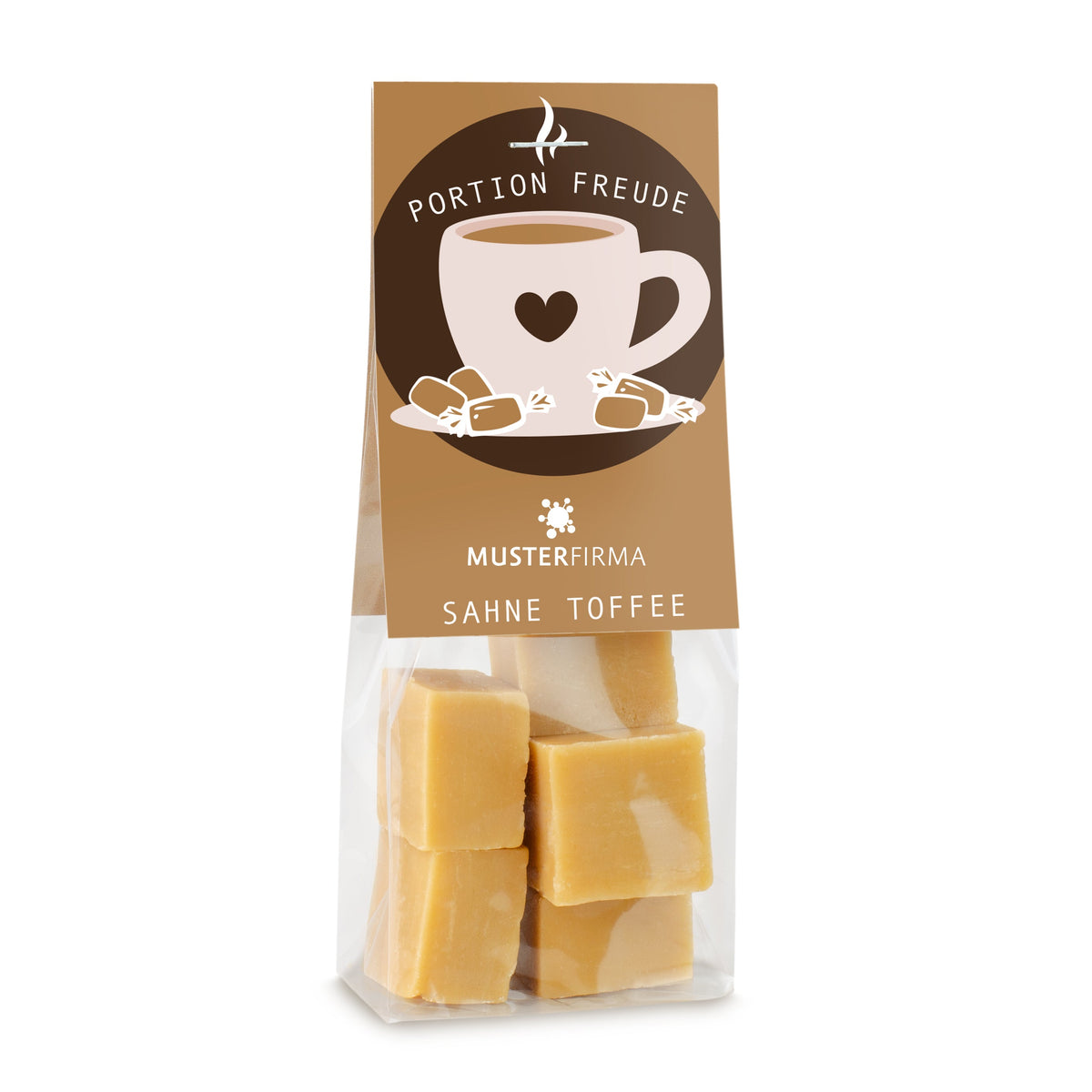 Sahnetoffee im Beutel 50 g mit Logo – Beispielmotiv