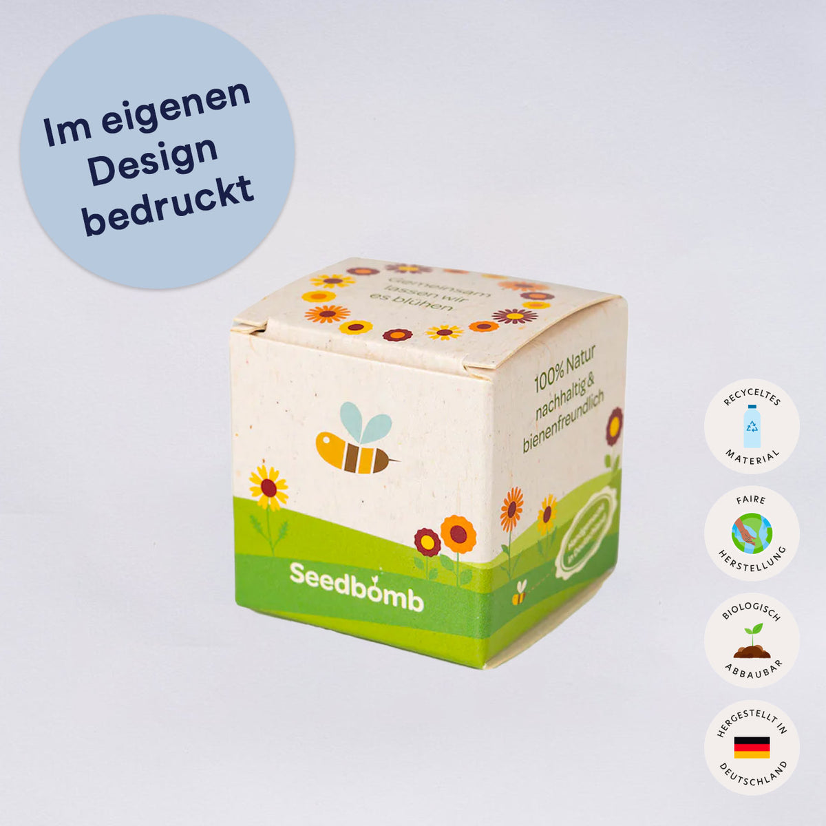 Samenbomben in Verpackungswürfel mit eigenem Firmenlogo