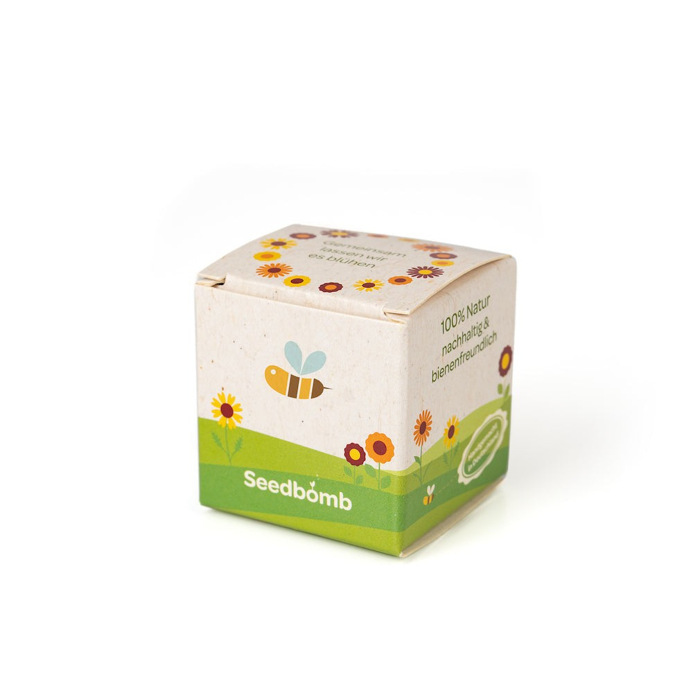 Samenkugel im Pappwürfel mit Logo rundum bedruckt – Detail