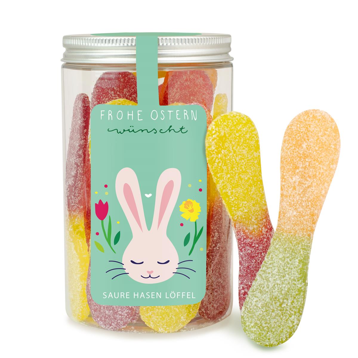 Saure Fruchtgummi Hasenlöffel in der Dose 200 g mit Logo – Beispielmotiv