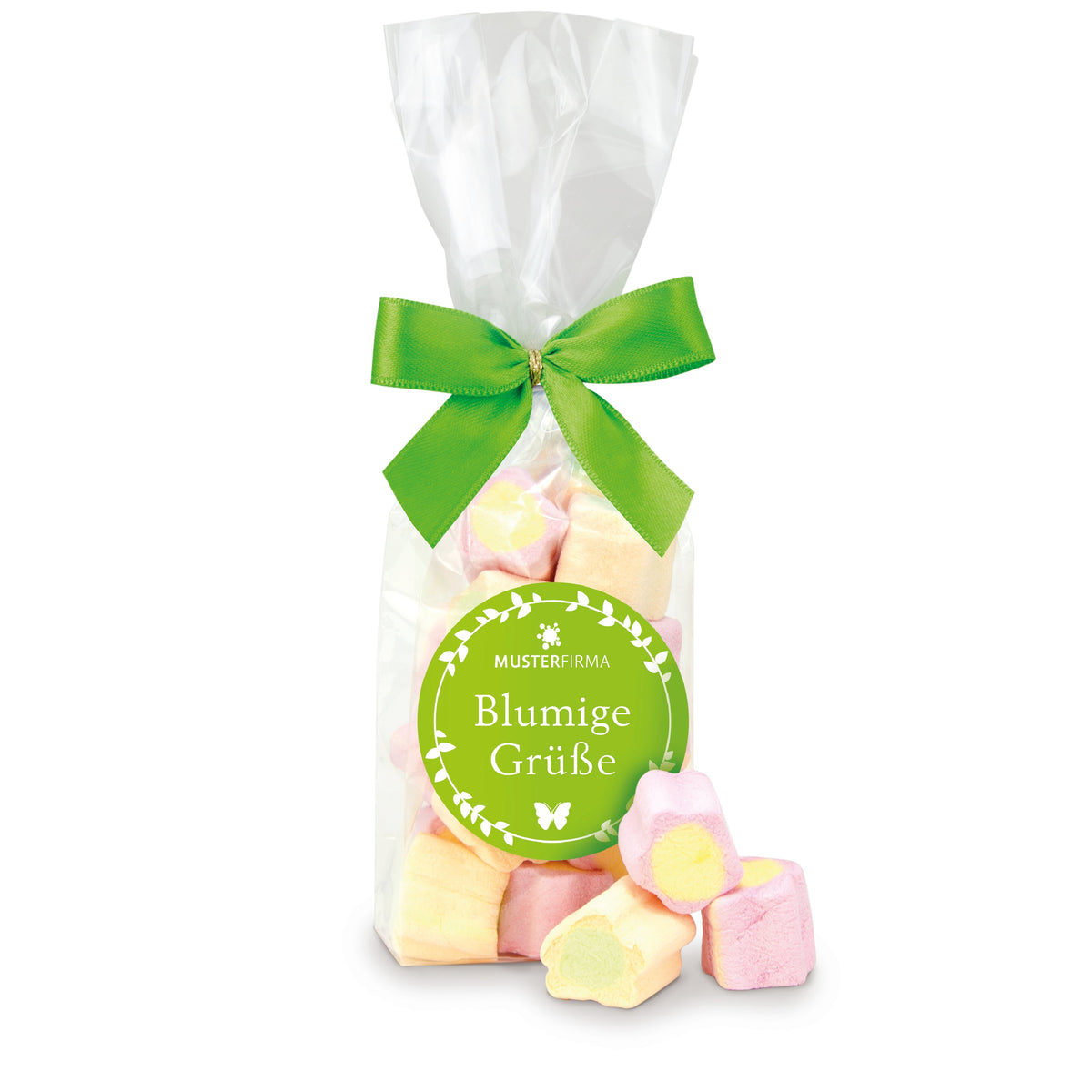 Schaumzucker Blumen im kleinen Flachbeutel 30 g mit Logo – Beispielmotiv
