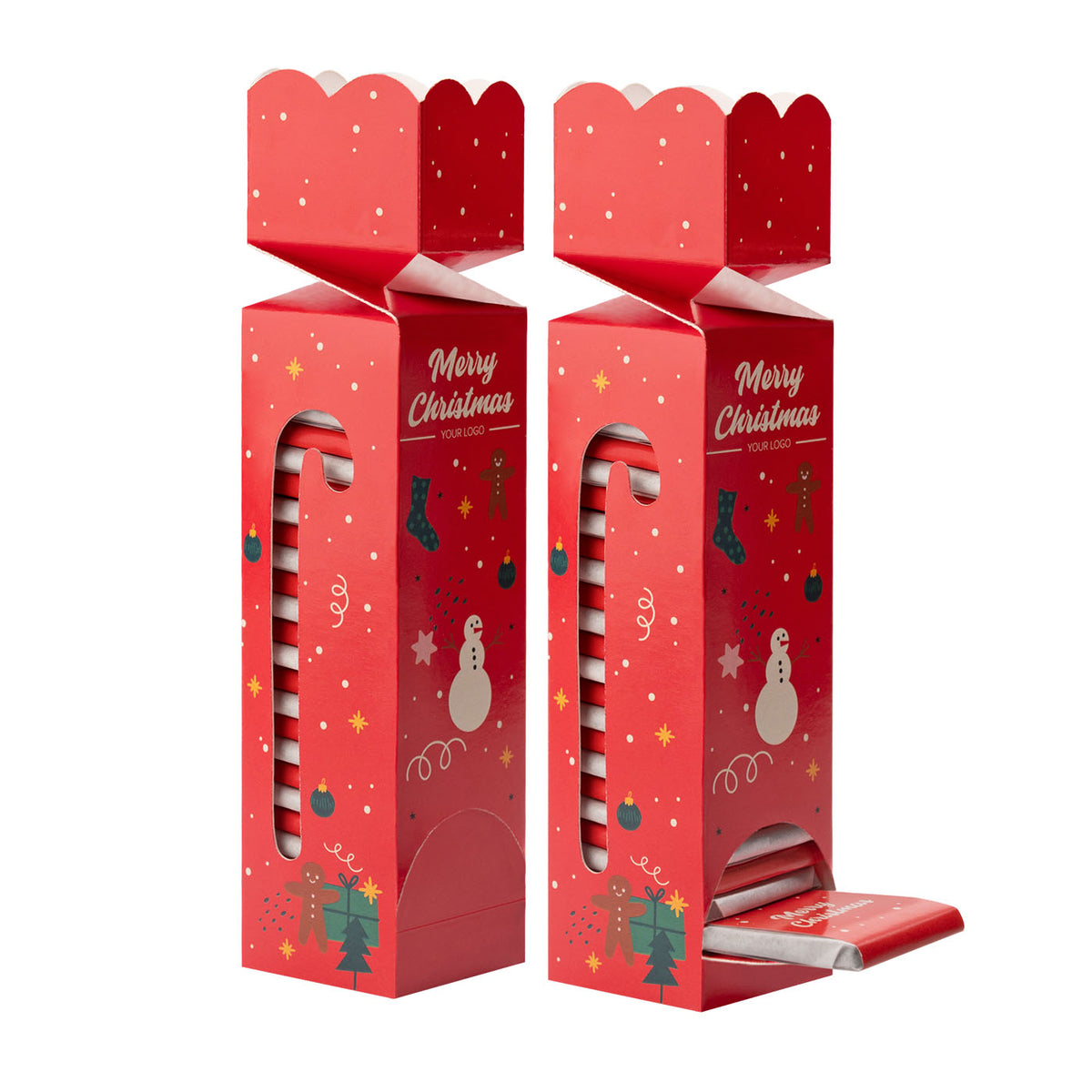 Adventskalender mit 24 Schokoladen und Logo, geöffnete Verpackung mit Türchen