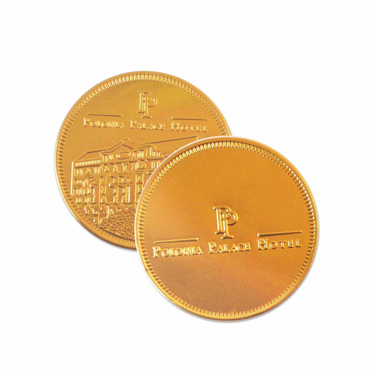 Schokoladenmünze 12 g mit Logo, Ø 55 mm, Vorderseite und Rückseite