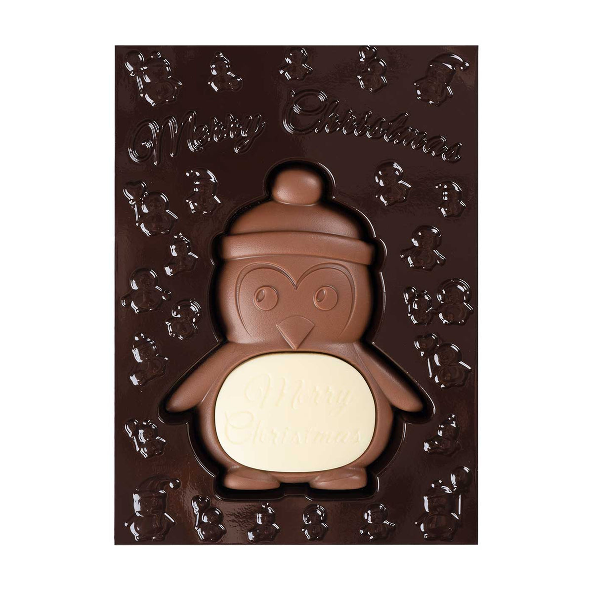 Schokoladenpinguin zur Weihnachtszeit, Verpackung geöffnet