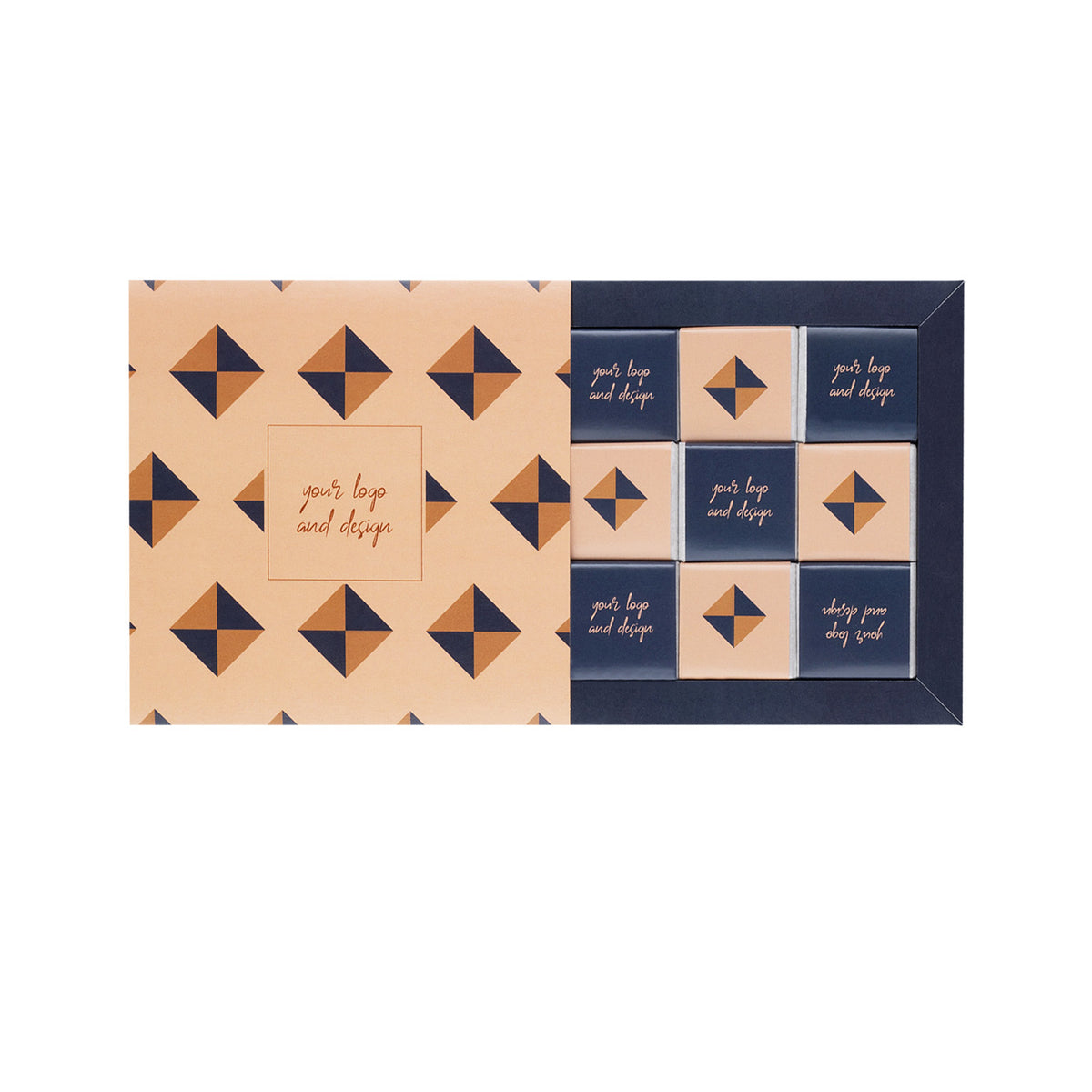 Schokoladenquadrate im Rahmenset, 9 Stück, geöffnetes Set