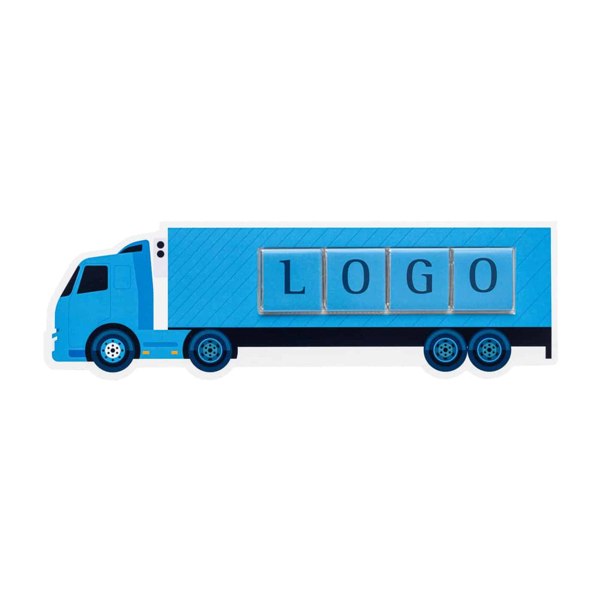 Schokoquadrate im Lkw Umschlag mit Logo, Umschlag mit vier Schokoladenquadraten
