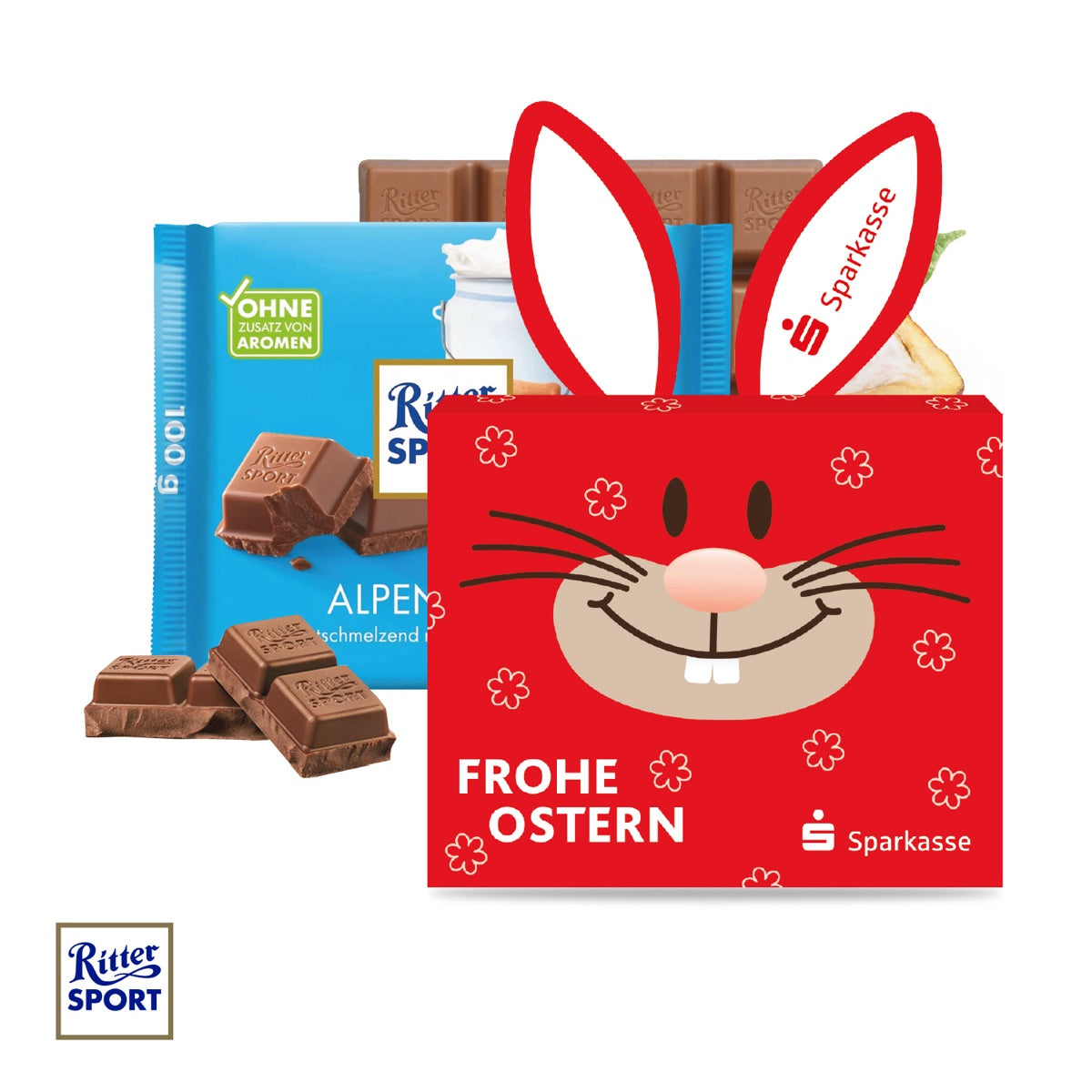 Bedruckte Osterverpackung mit Hasenohren für eine Tafel Ritter SPORT