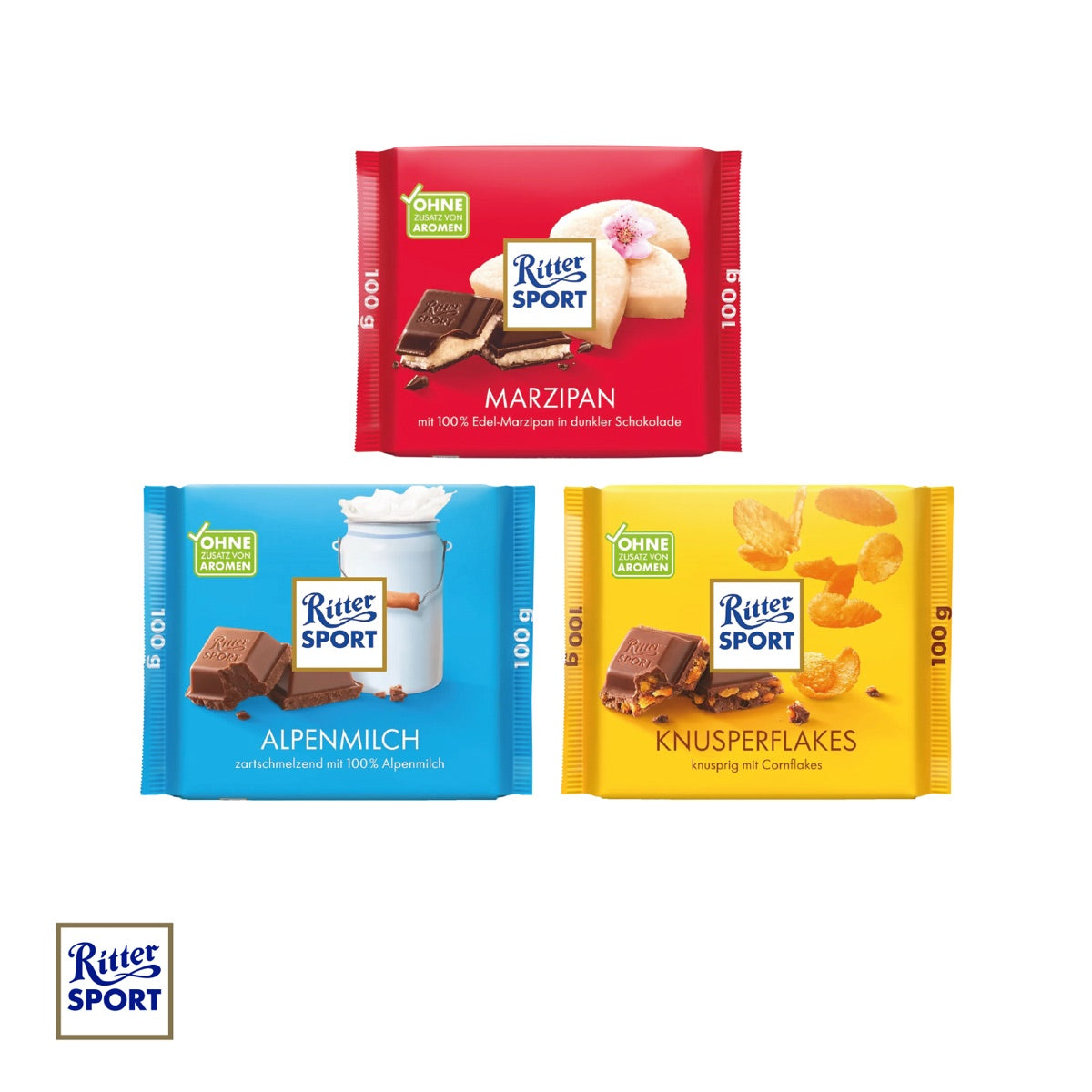 Geöffnete Werbeverpackung mit einer Tafel Ritter SPORT als Füllung