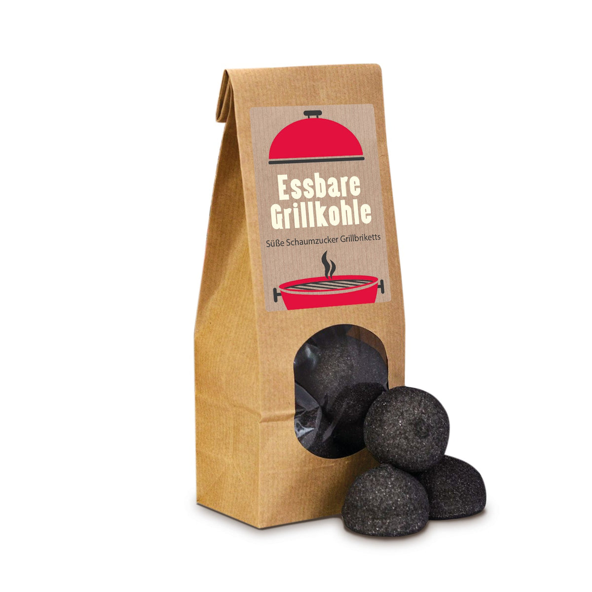 Schwarze Marshmallow Kugeln im Papierbeutel 80 g mit Logo – Beispielmotiv