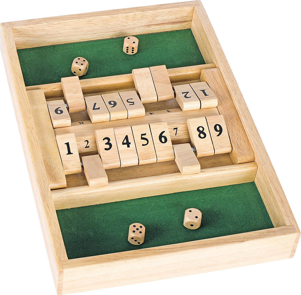 Shut the Box Doppelspiel mit vier Würfeln aus Holz – Ansicht