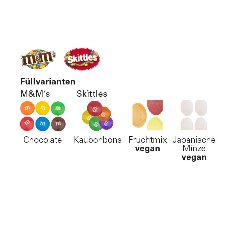 Füllvarianten der Slim-Box: M&M's Schokolinsen, Skittles Kaubonbons, Fruchtmix Bonbons und japanische Minze Bonbons