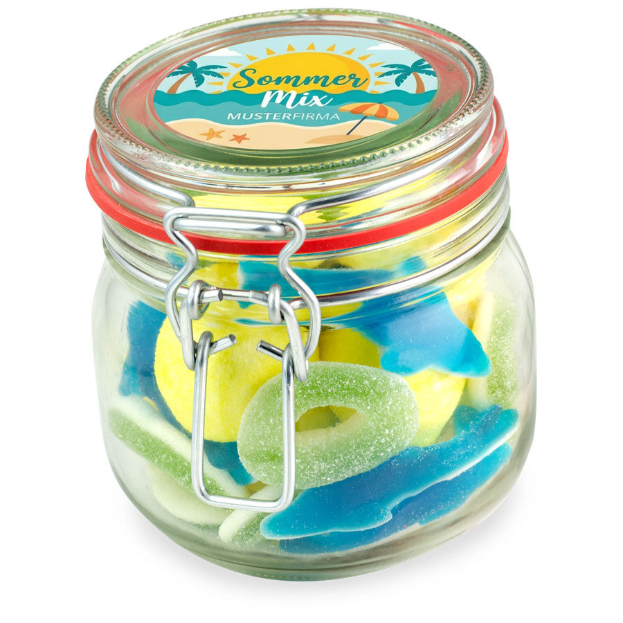 Sommer Süßigkeitenmix im Bügelglas M 320 g mit Logo – Beispielmotiv